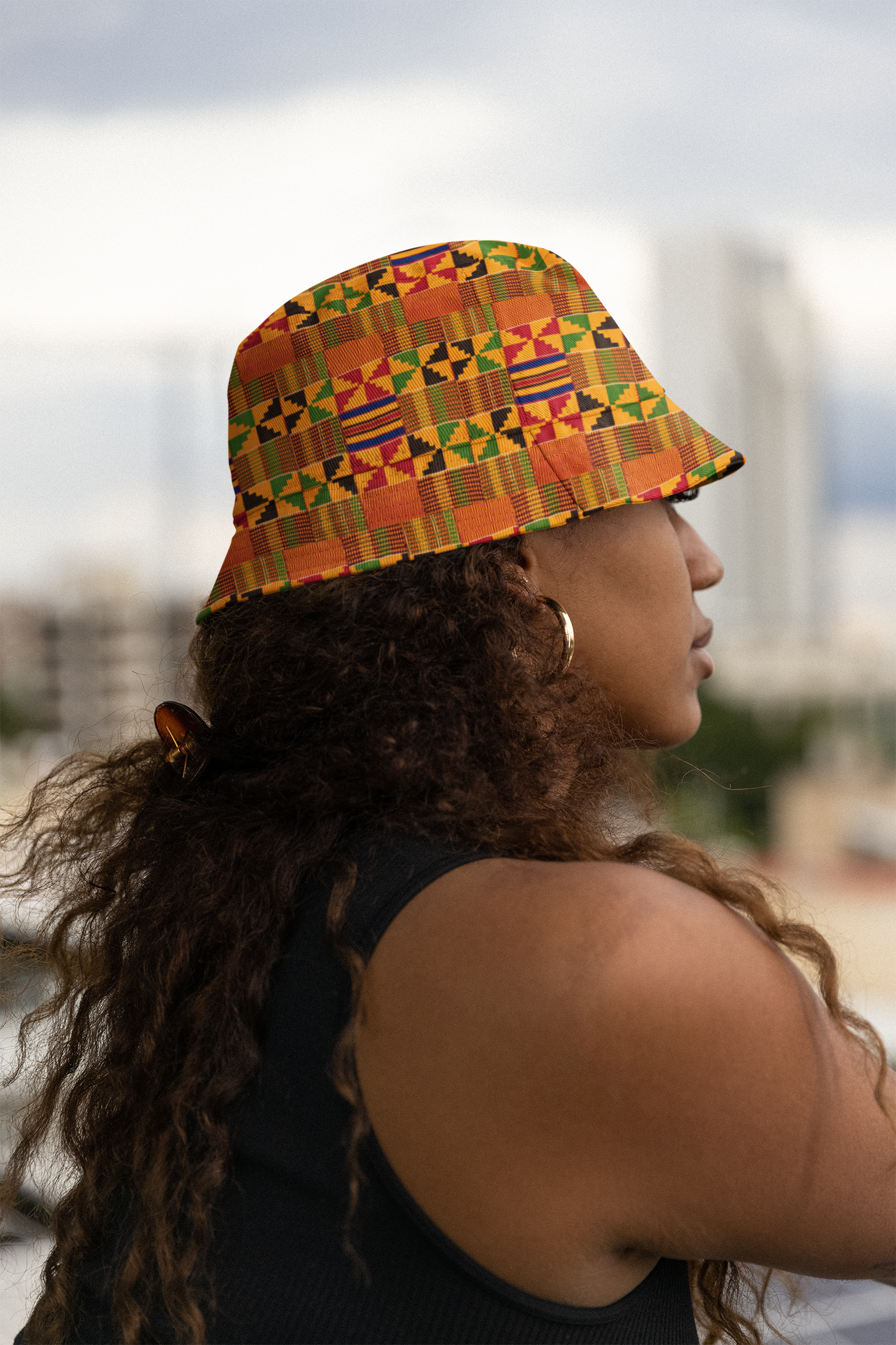 Reversible Black and Kente Cloth Bucket Hat