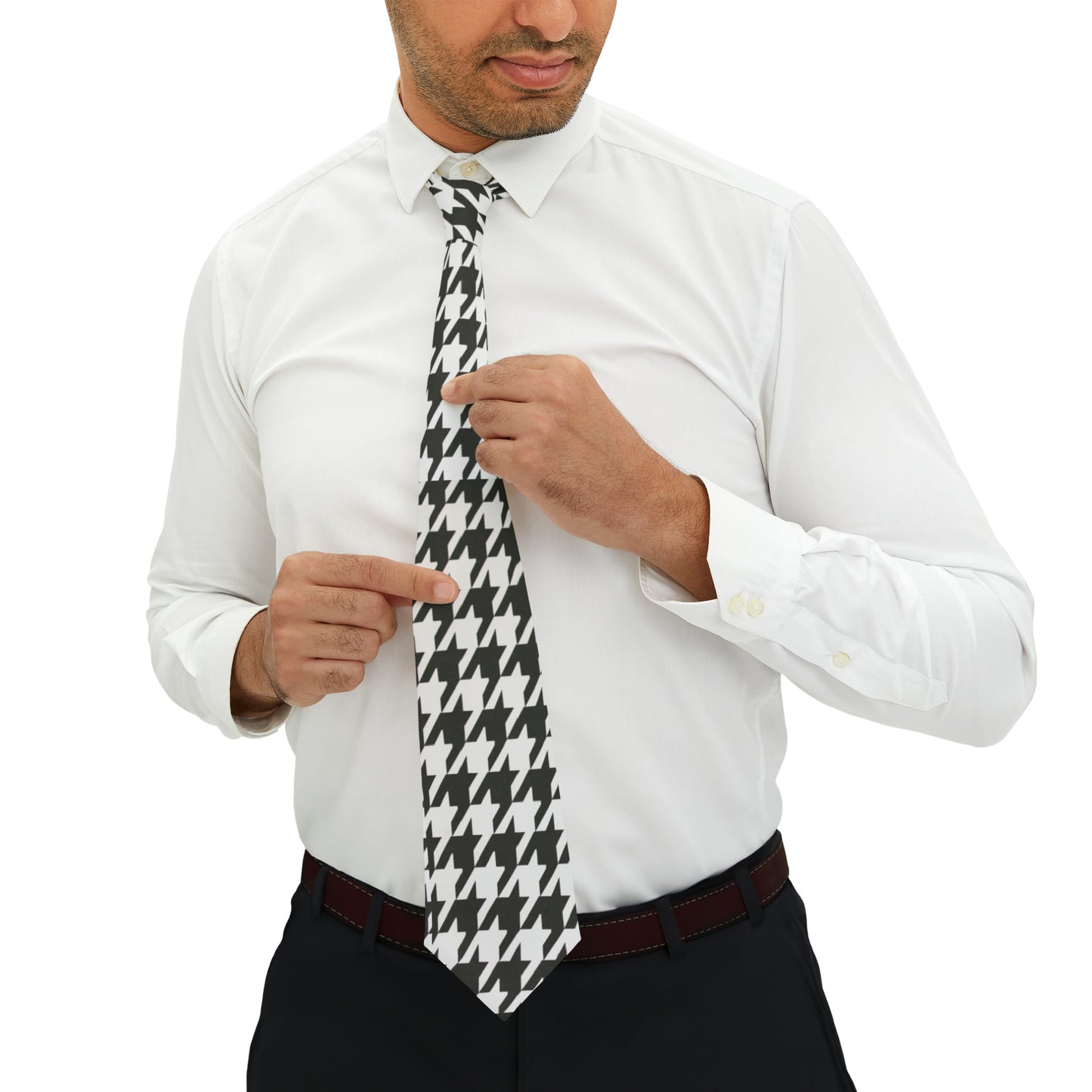 Man in a white shirt wearing a houndstooth necktie