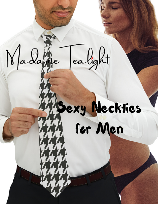 Man in a white shirt and houndstooth necktie with a woman in black lingerie behind him