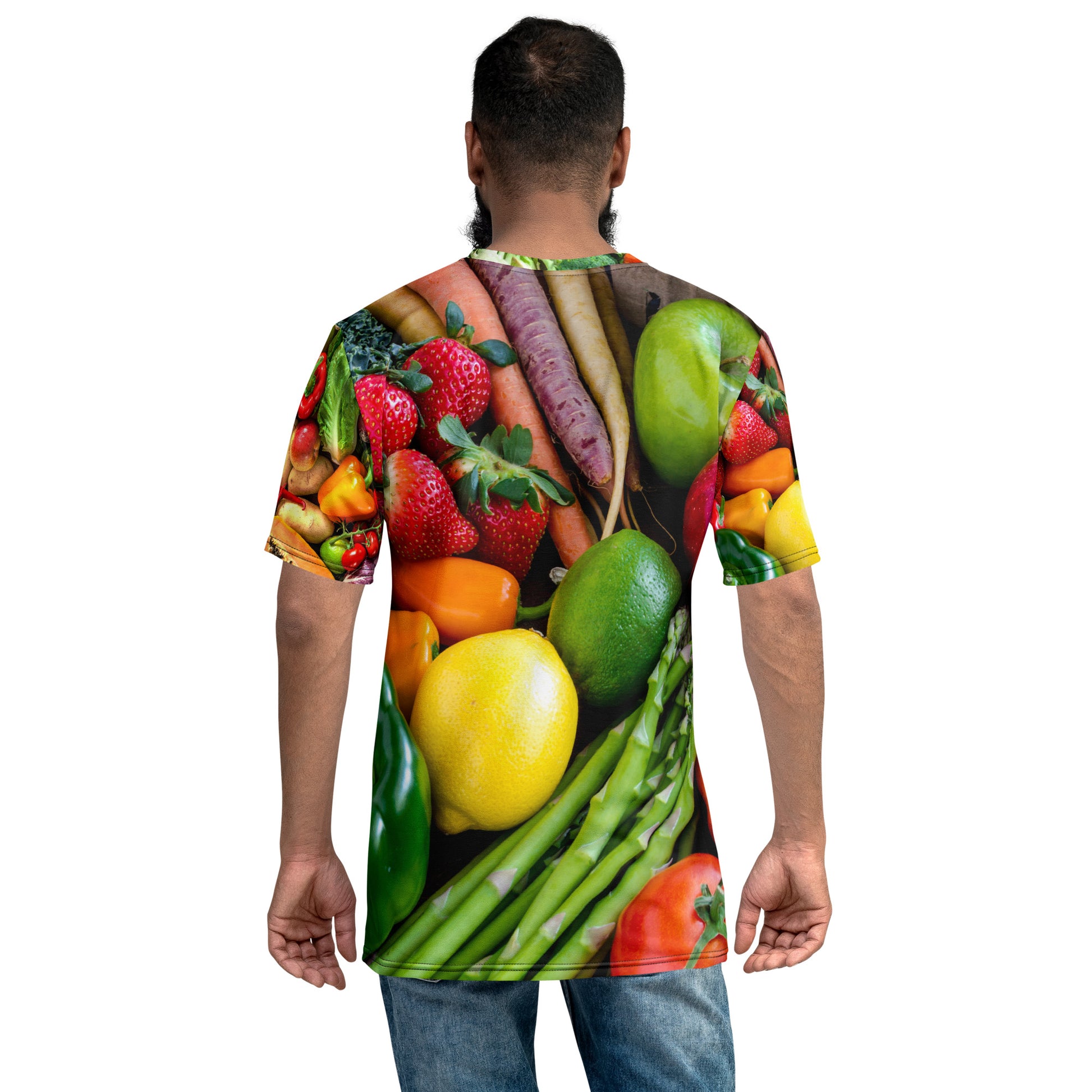 Moisture wicking shirt with realistic-looking fruits and vegetables. Word of eat real food. Words of mother nature.