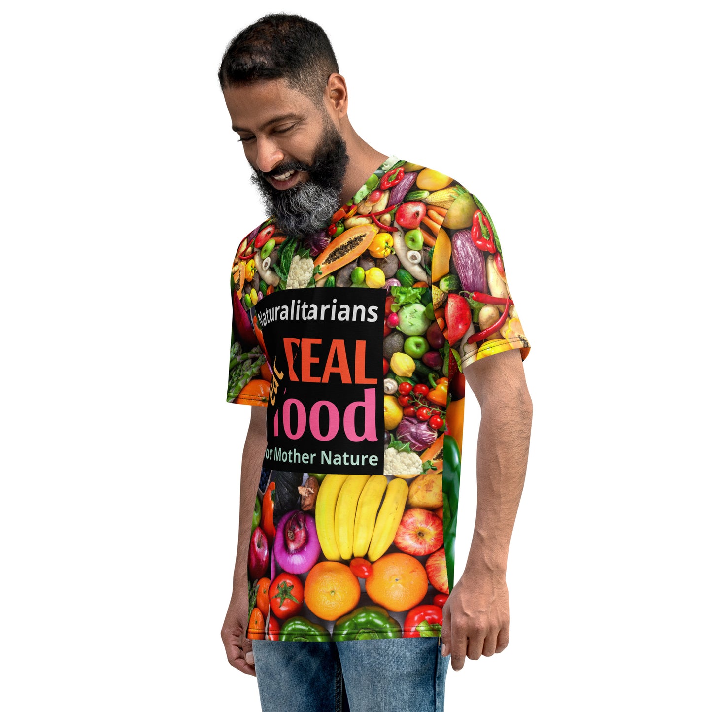 Moisture wicking shirt with realistic-looking fruits and vegetables. Word of eat real food. Words of mother nature.