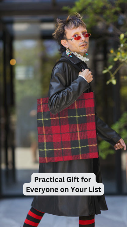 video of various people holding a tartan plaid tote bag