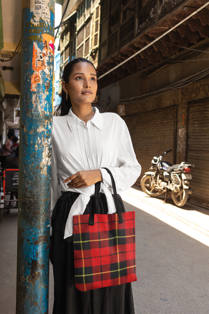 woman leaning against a pole holding a tartan plaid tote bag