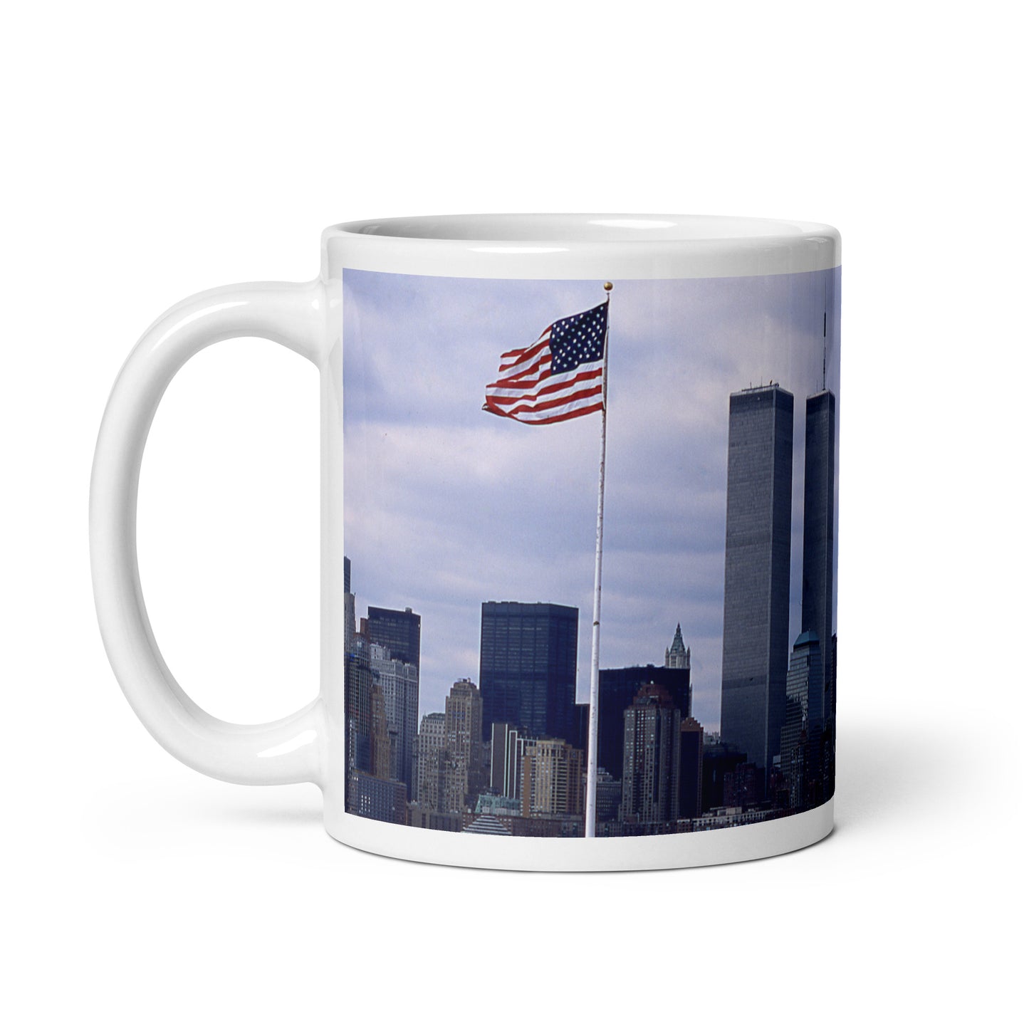 World Trade Center Twin Towers coffee mug with American flag