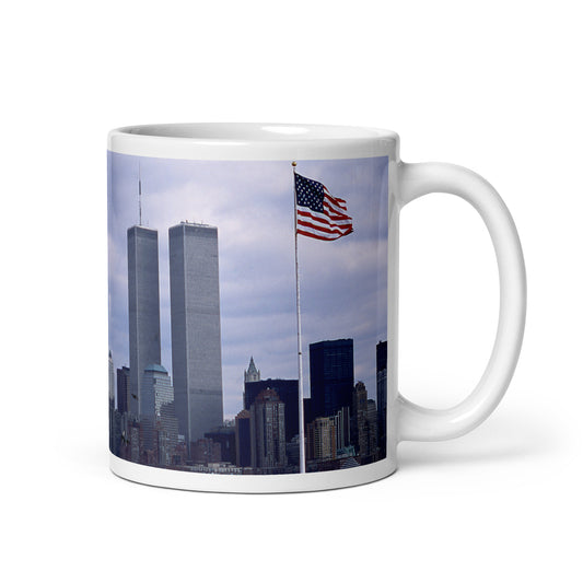 World Trade Center Twin Towers coffee mug with American flag