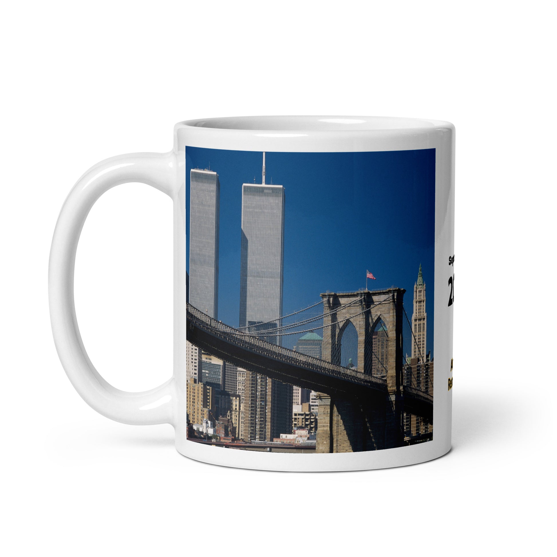 Coffee mug featuring World Trade Center Twin Towers and Brooklyn Bridge