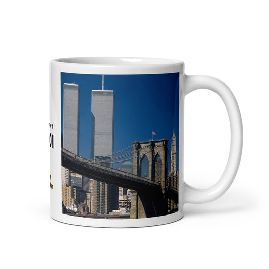 Coffee mug featuring World Trade Center Twin Towers and Brooklyn Bridge