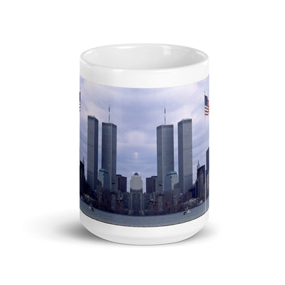 Coffee Mug Featuring the Iconic World Trade Center Twin Towers with American Flag