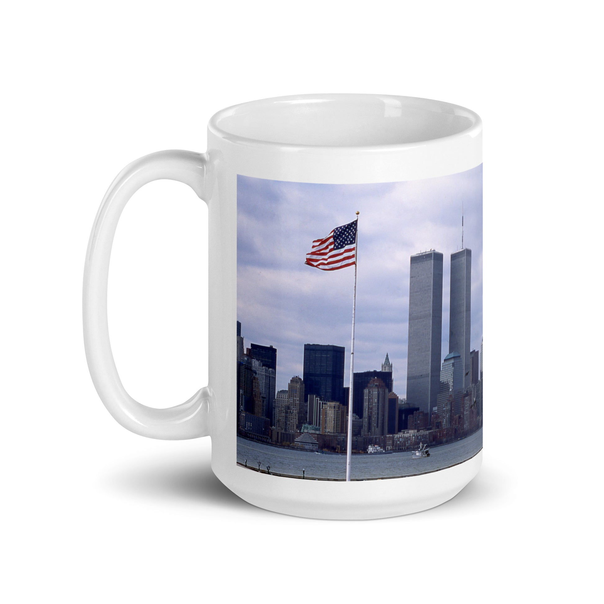 World Trade Center Twin Towers coffee mug with American flag