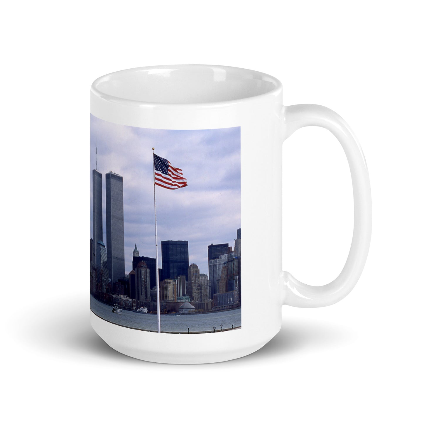 World Trade Center Twin Towers coffee mug with American flag