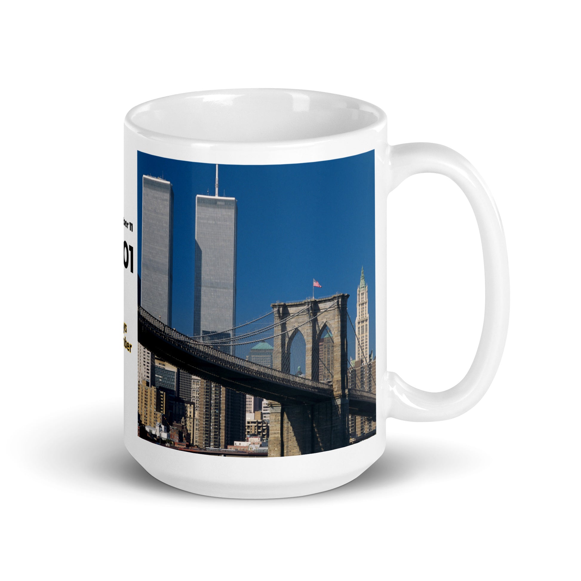 Coffee mug featuring World Trade Center Twin Towers and Brooklyn Bridge