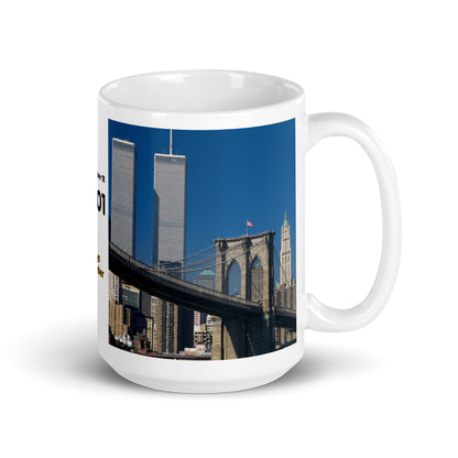 Coffee mug featuring World Trade Center Twin Towers and Brooklyn Bridge