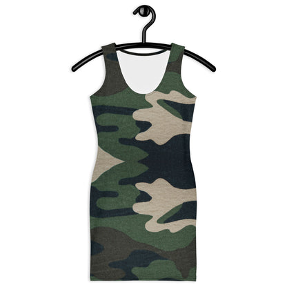 Camouflage print pencil dress on a hanger