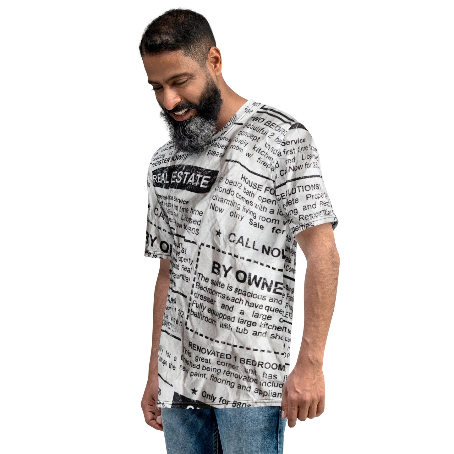 Stylish Crumpled Newspaper Look Print T-Shirt