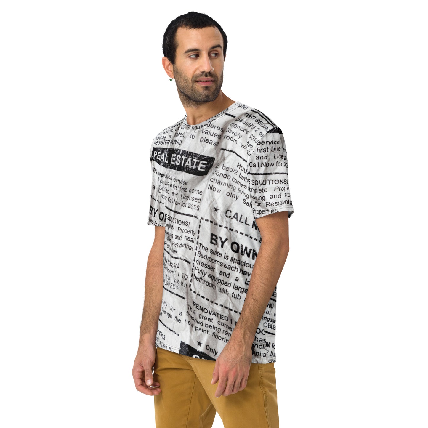 Stylish Crumpled Newspaper Look Print T-Shirt