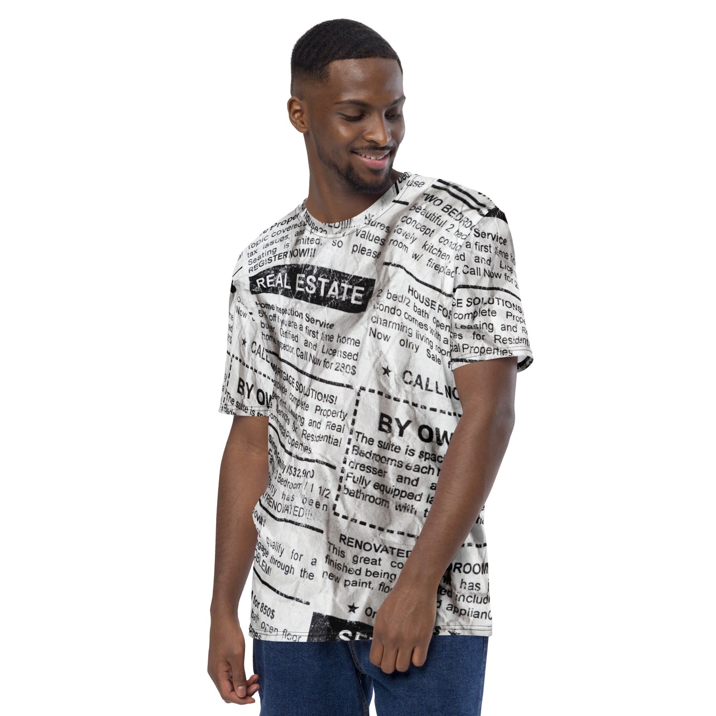 Stylish Crumpled Newspaper Look Print T-Shirt