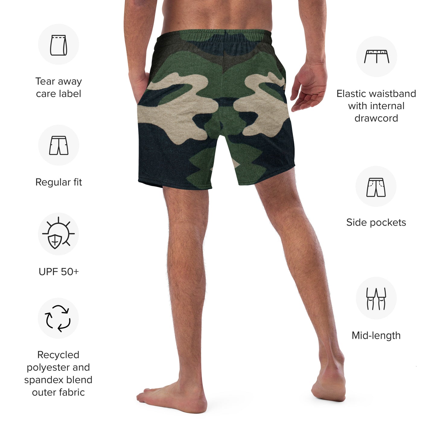 Stylish Custom Designed Large Camouflage Print Swim Trunks for Men