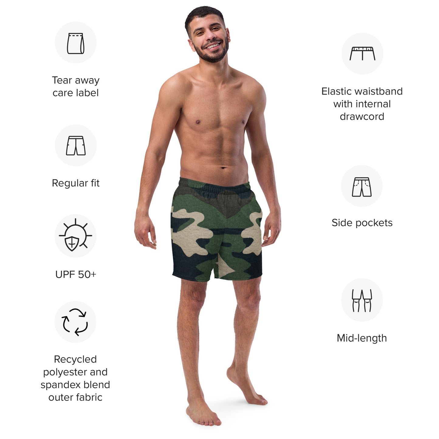 Stylish Custom Designed Large Camouflage Print Swim Trunks for Men