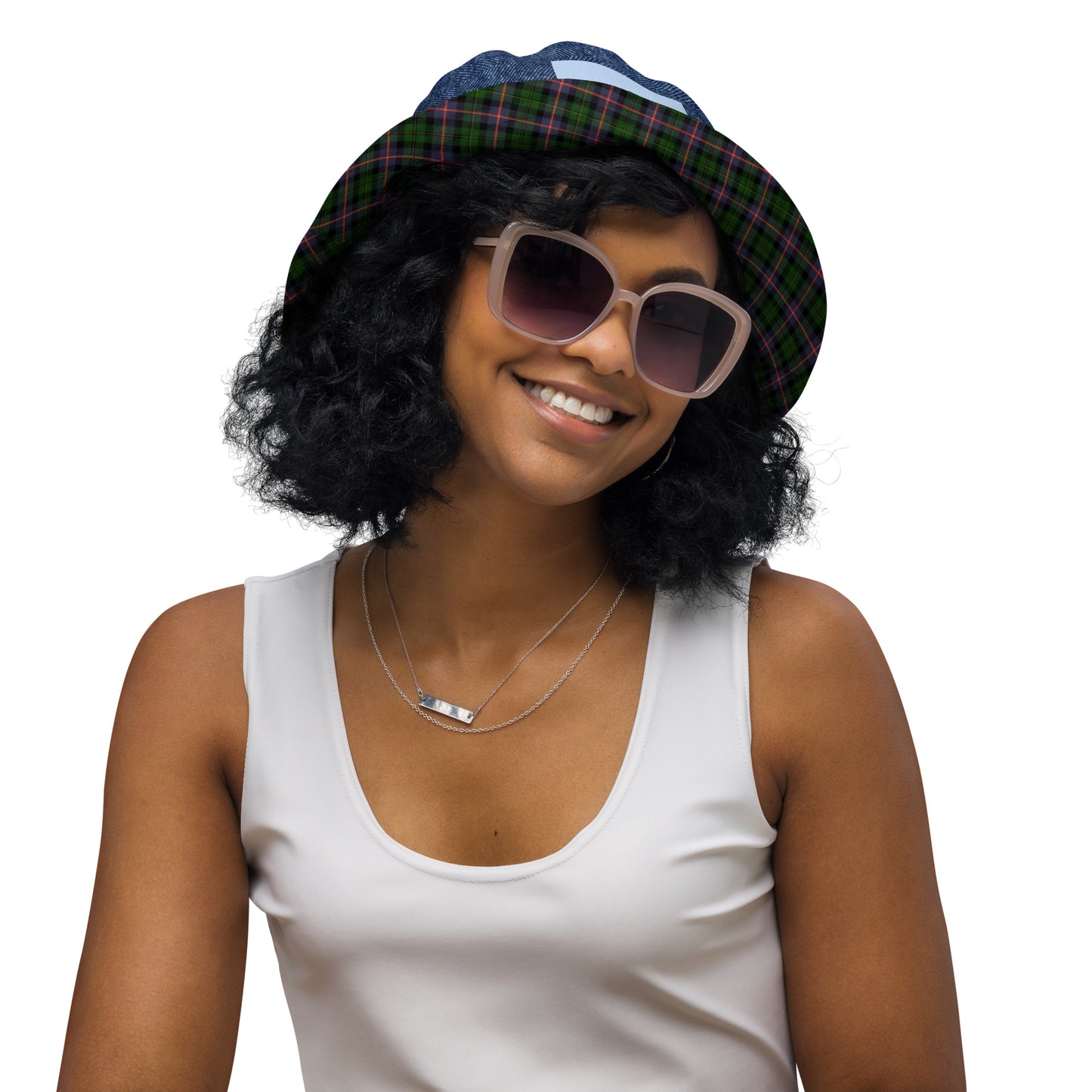 Stylish Denim and Plaid Reversible Bucket Hat