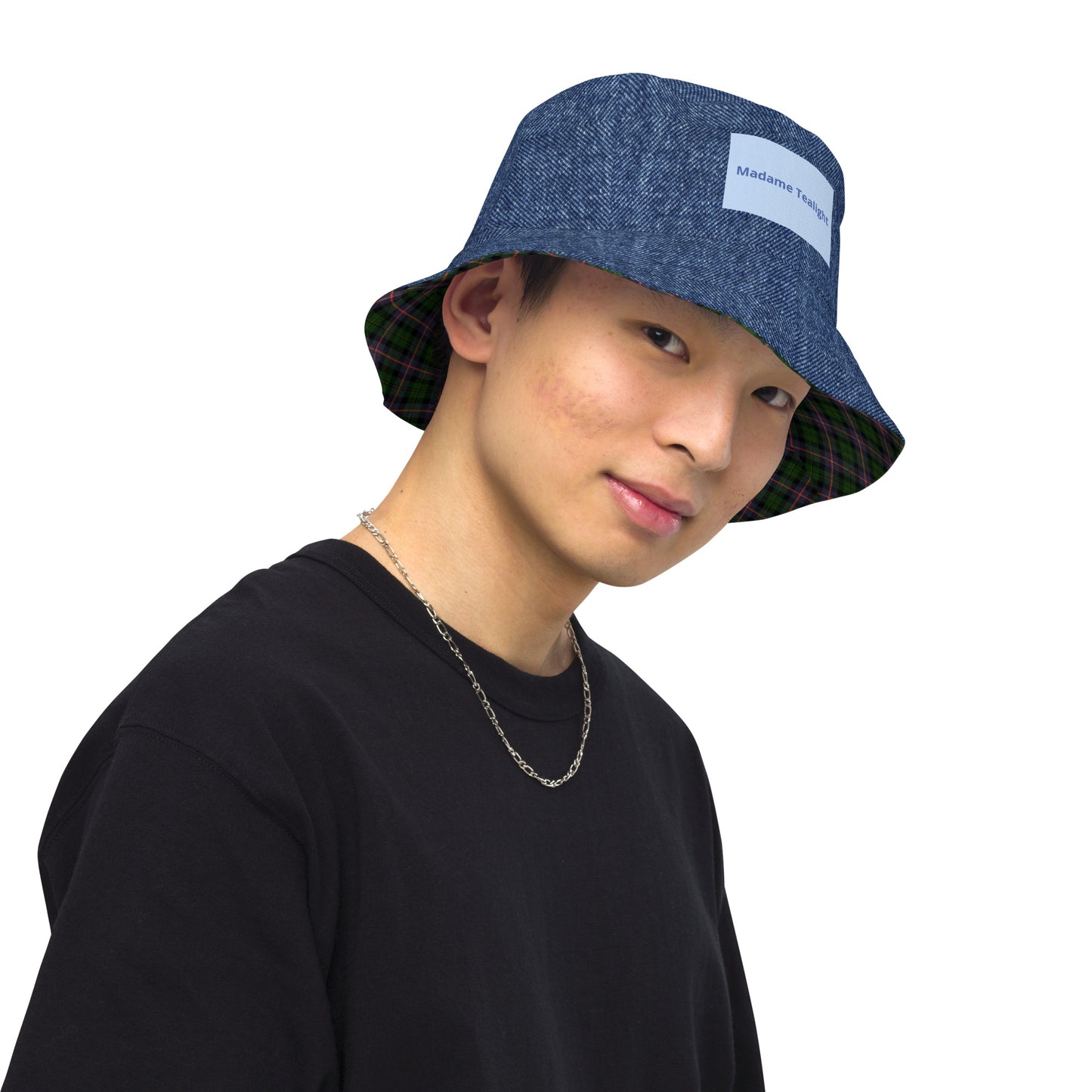 Stylish Denim and Plaid Reversible Bucket Hat