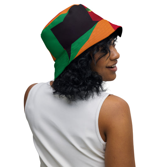 Woman wearing a red, black, green bucket hat.