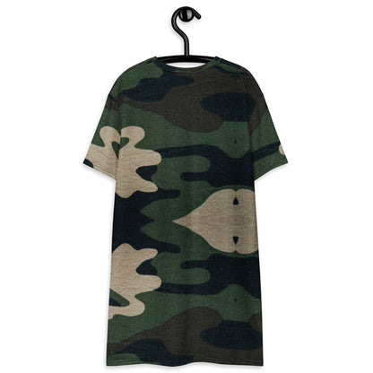 Camouflage print t-shirt dress on a hanger