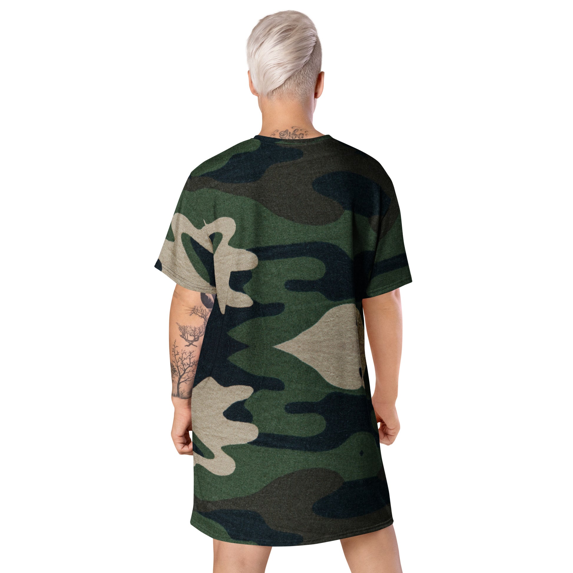 Back view of woman wearing a camouflage print t-shirt dress