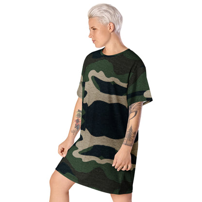 Side view of a woman wearing a camouflage print t-shirt dress