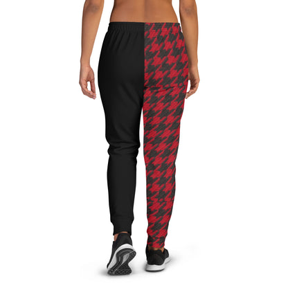 Trendy Red and Black Houndstooth Women's Joggers with Different Color Legs