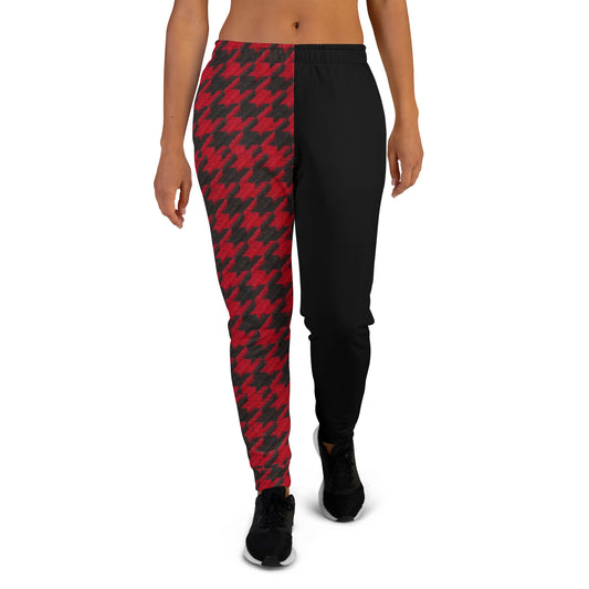 Trendy Red and Black Houndstooth Women's Joggers with Different Color Legs