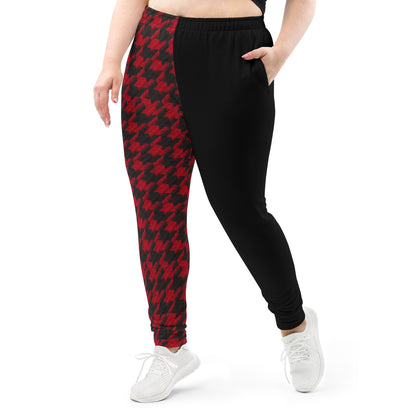 Trendy Red and Black Houndstooth Women's Joggers with Different Color Legs