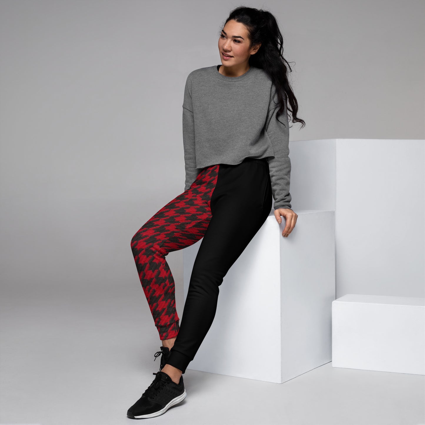 Trendy Red and Black Houndstooth Women's Joggers with Different Color Legs