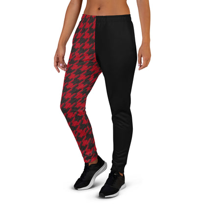 Trendy Red and Black Houndstooth Women's Joggers with Different Color Legs