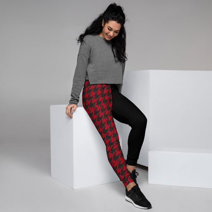 Trendy Red and Black Houndstooth Women's Joggers with Different Color Legs