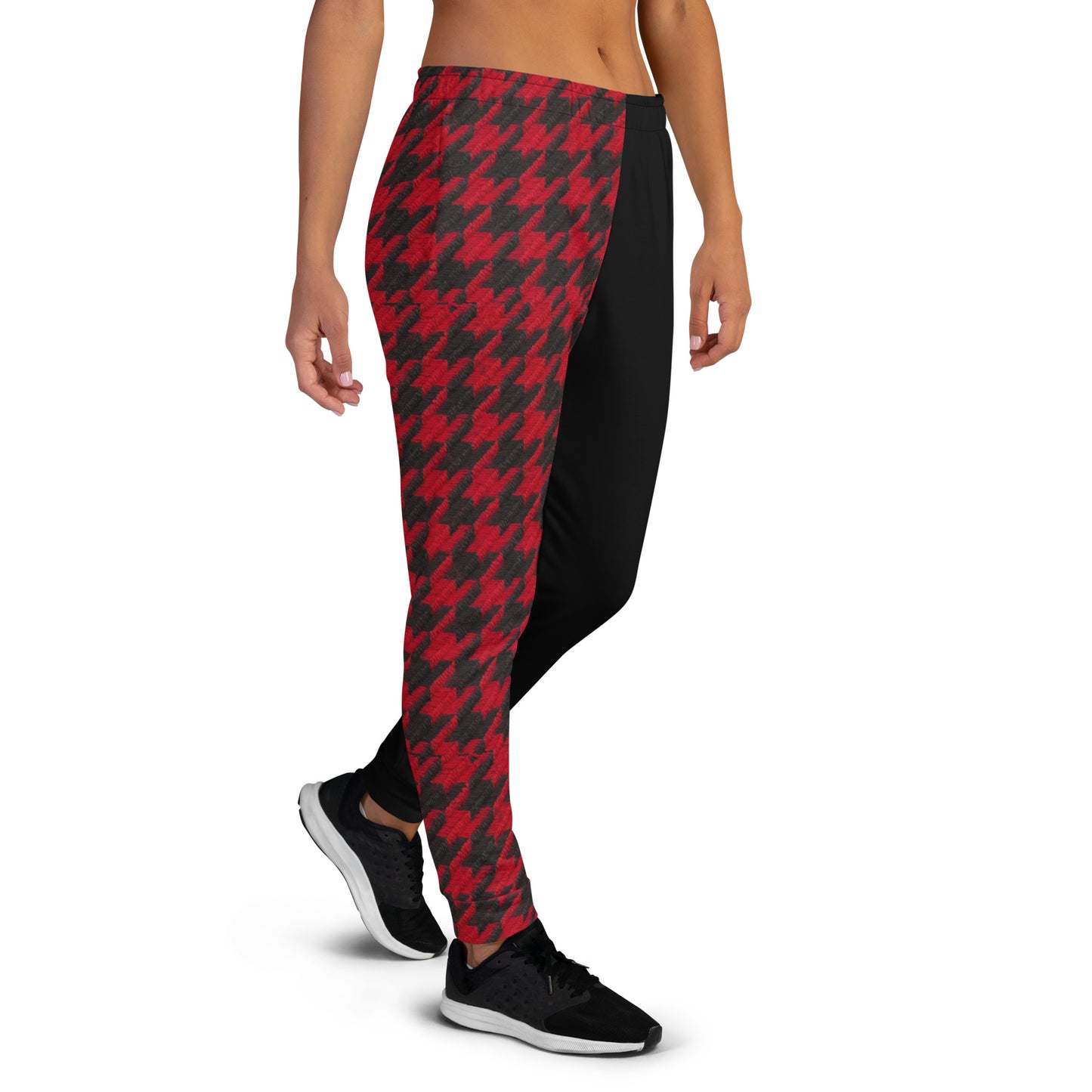 Trendy Red and Black Houndstooth Women's Joggers with Different Color Legs