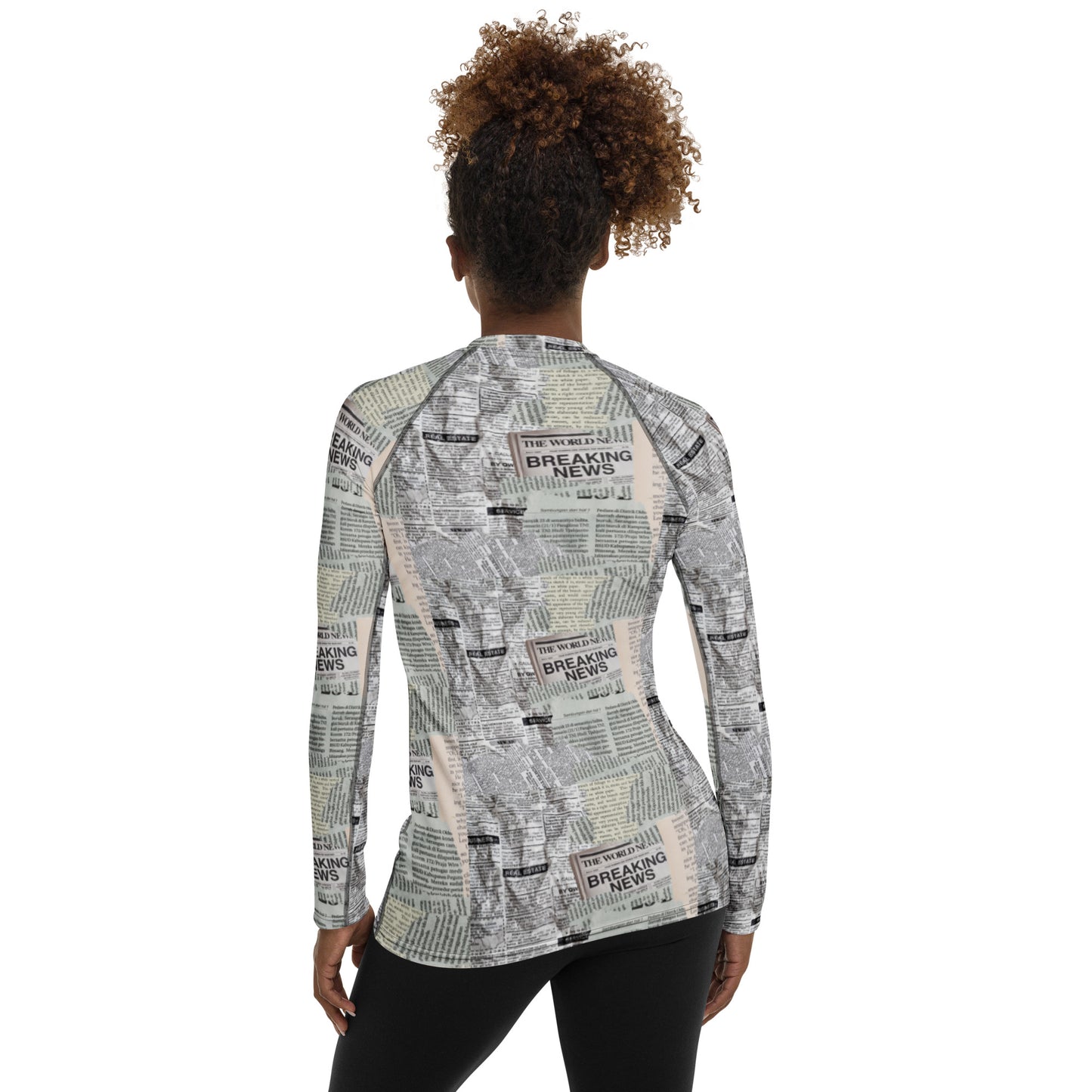 Newspaper Print Long Sleeve Versatile Athletic Women's Shirt