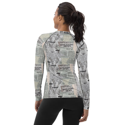 Newspaper Print Long Sleeve Versatile Athletic Women's Shirt