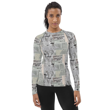 Newspaper Print Long Sleeve Versatile Athletic Women's Shirt