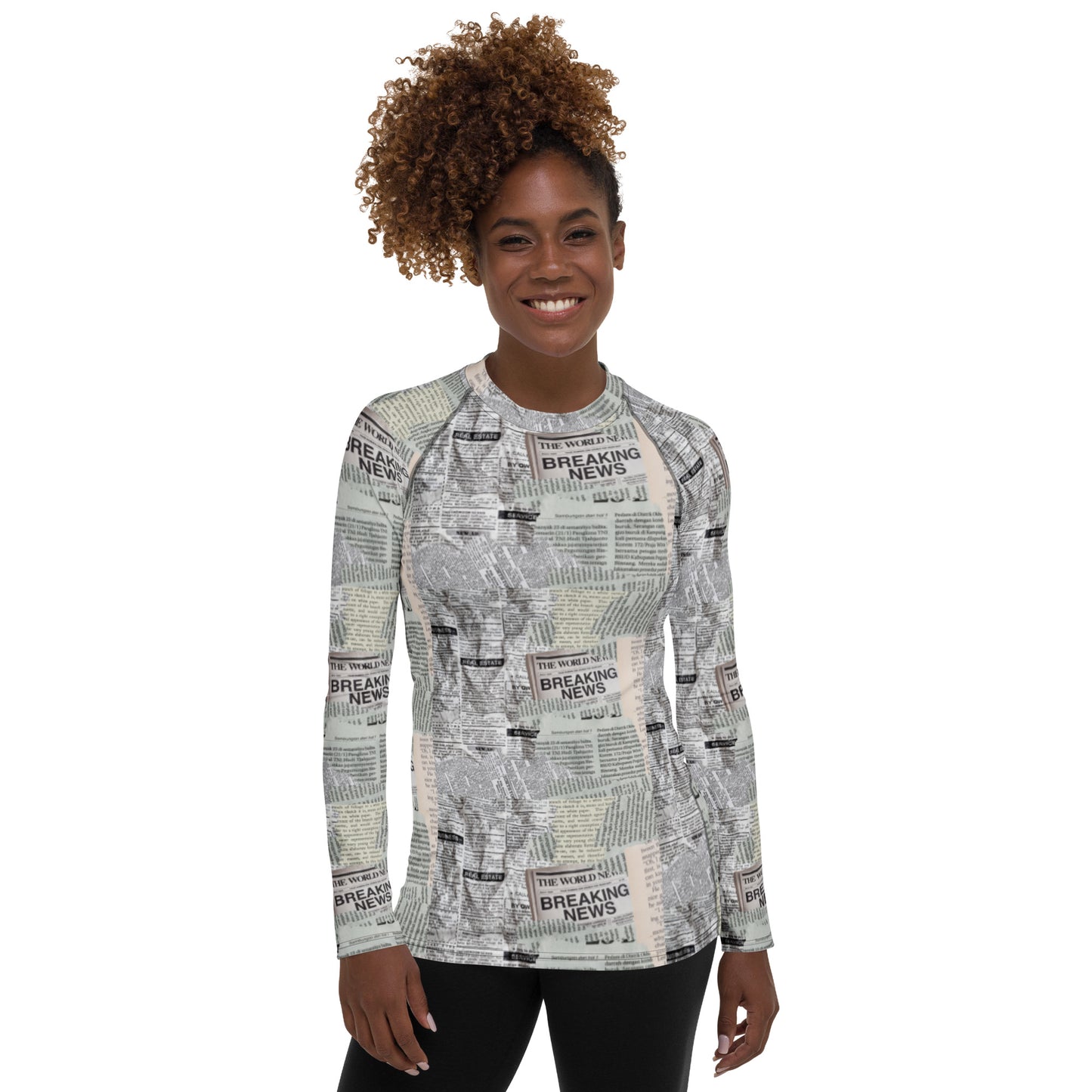 Newspaper Print Long Sleeve Versatile Athletic Women's Shirt