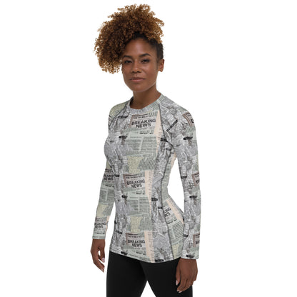 Newspaper Print Long Sleeve Versatile Athletic Women's Shirt