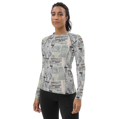 Newspaper Print Long Sleeve Versatile Athletic Women's Shirt