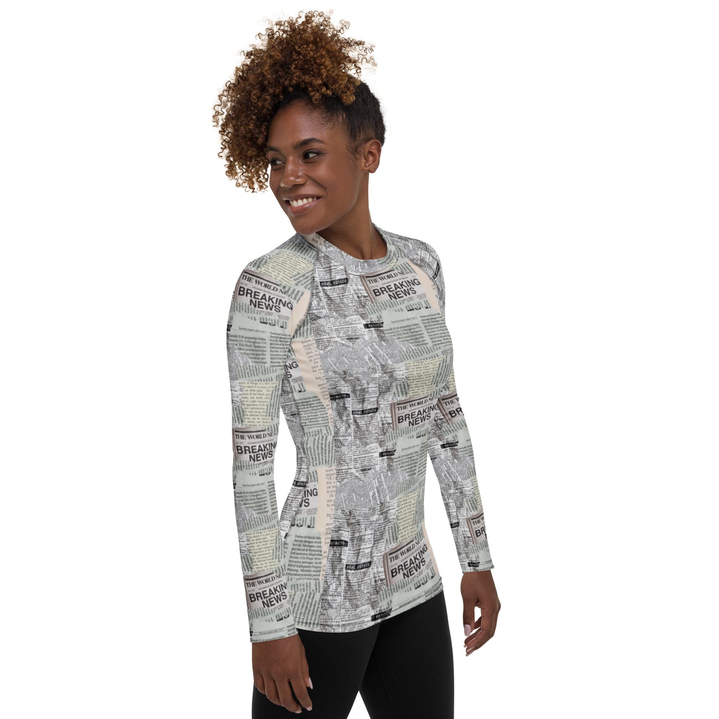 Newspaper Print Long Sleeve Versatile Athletic Women's Shirt