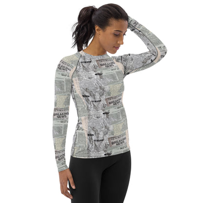 Newspaper Print Long Sleeve Versatile Athletic Women's Shirt